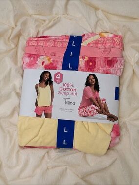 Felina Pink & Yellow 4-Piece Cotton Sleep Set Sz L NWT